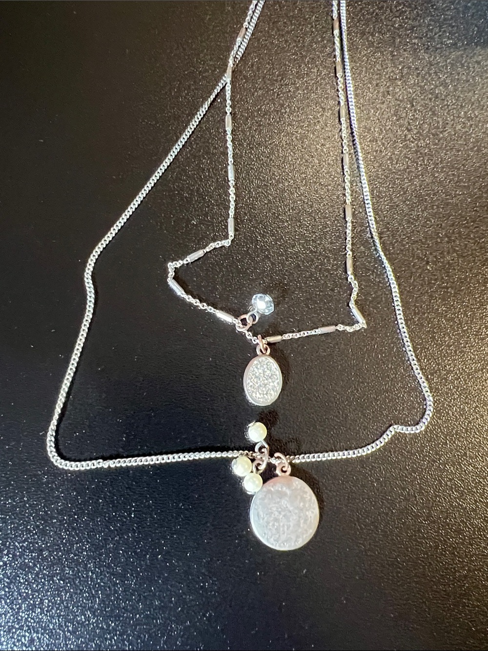 Layered Silver Disc Necklace with Pearl Charms